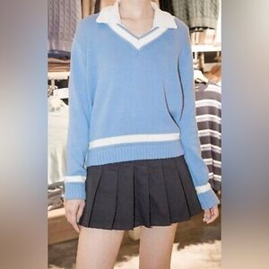Brandy Melville Teen’s 100% Cotton V-Neck Blue White Sweater Jumper Size XS